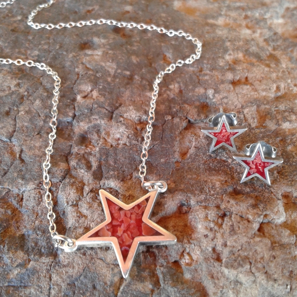 Sterling Silver Coral mosaic inlay Star necklace SET